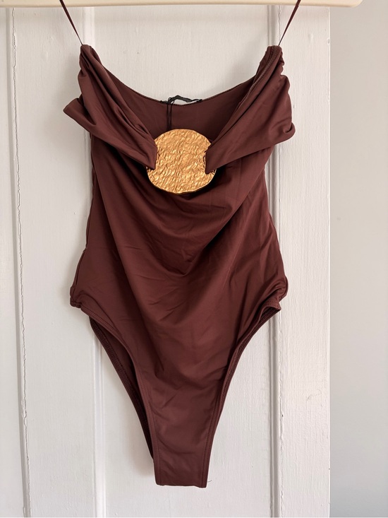 Zara Tops - ZARA Chocolate Brown Bodysuit with Gold Disc